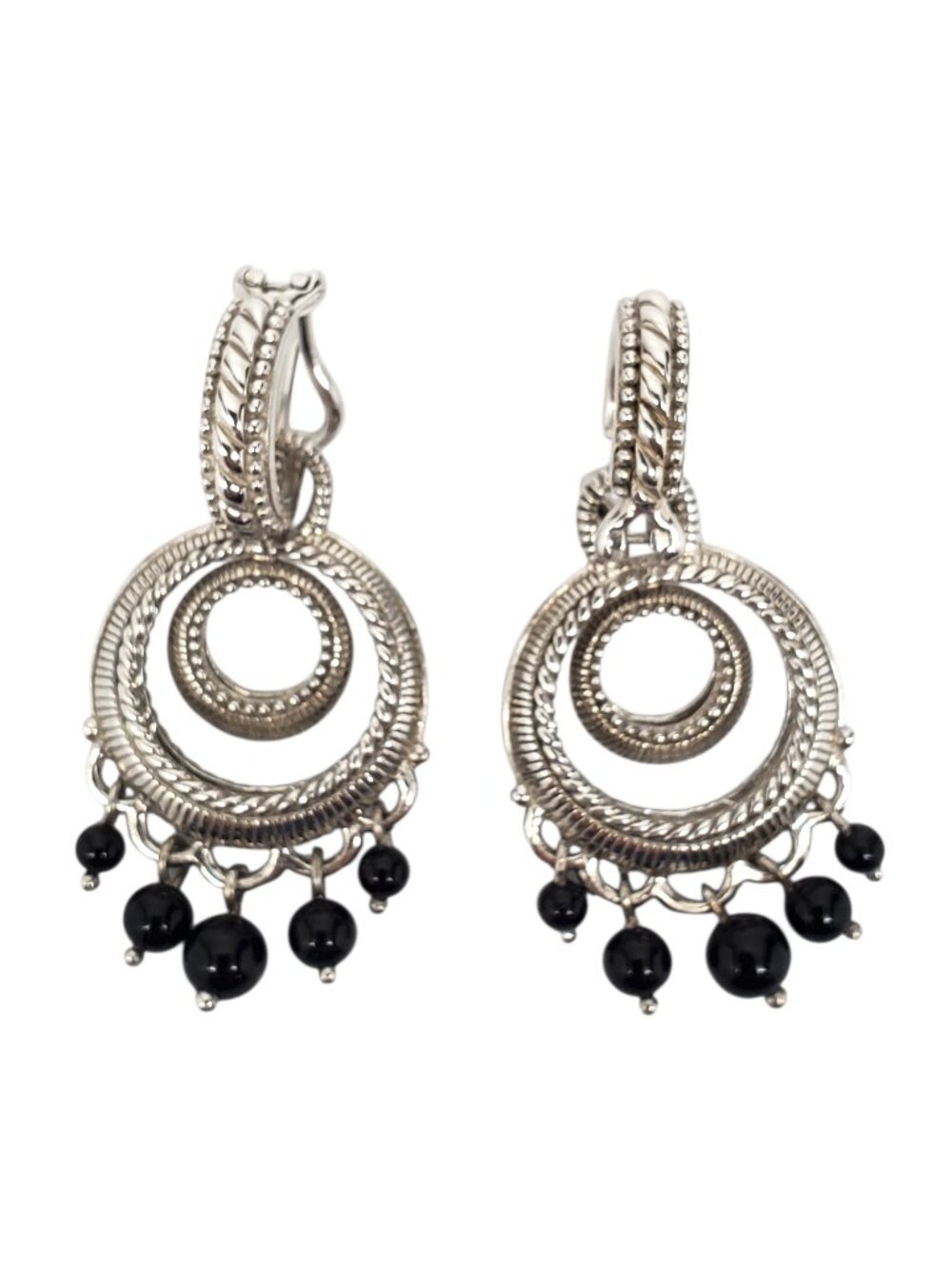 Judith Ripka Sterling Silver Black Bead Double Circle Drop Earrings #24455